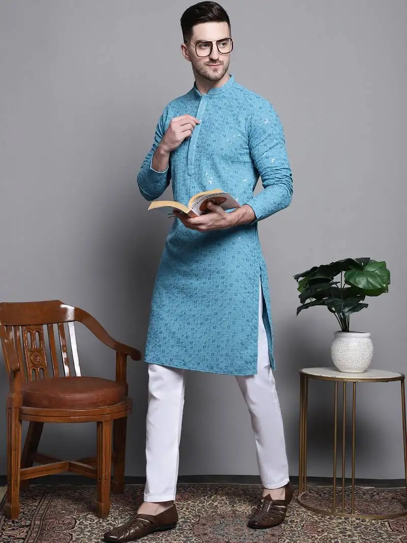 Blue sequin embroidered pure cotton kurta with pyjamas
