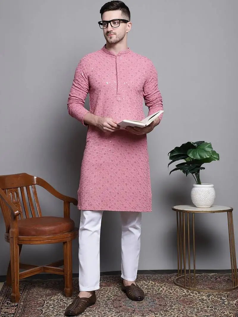 Coral sequin embroidered pure cotton kurta with pyjamas