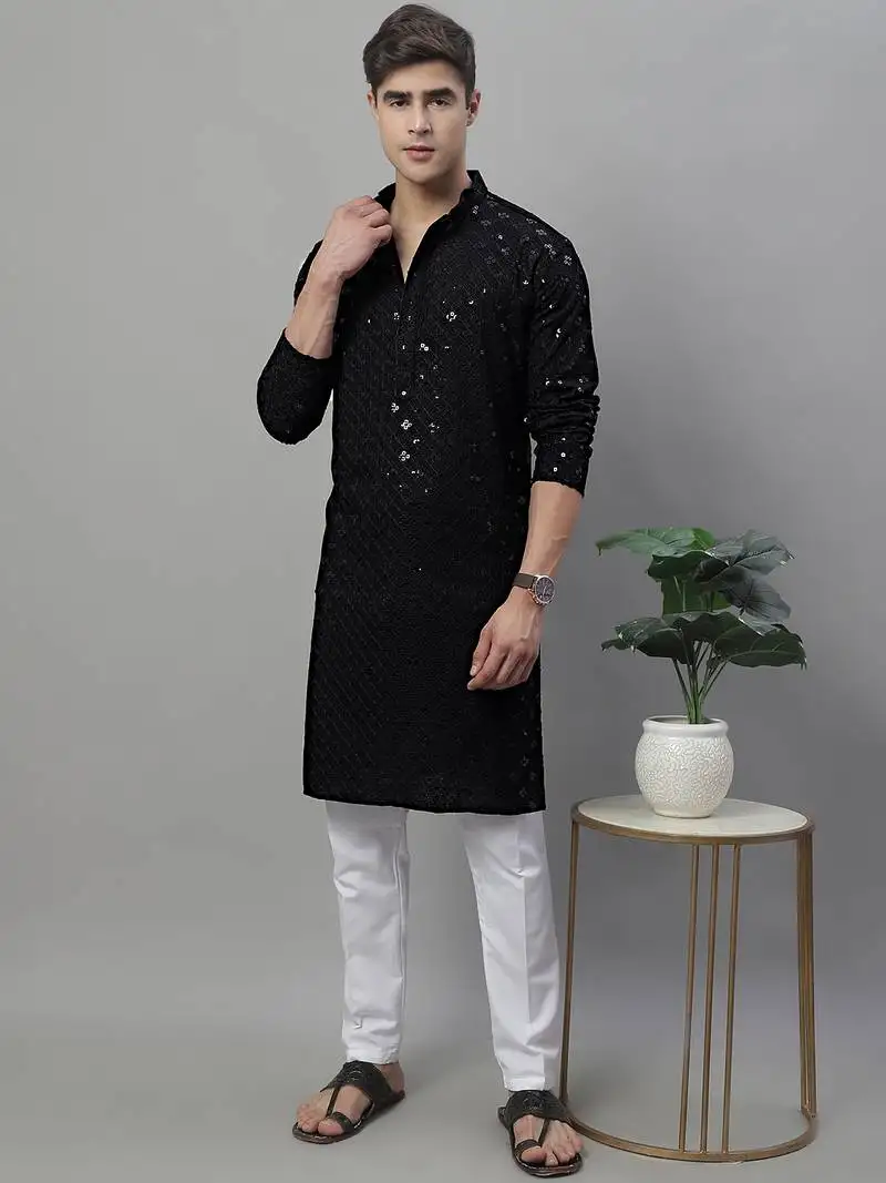 Black chikankari embroidered and sequin kurta with pyjama