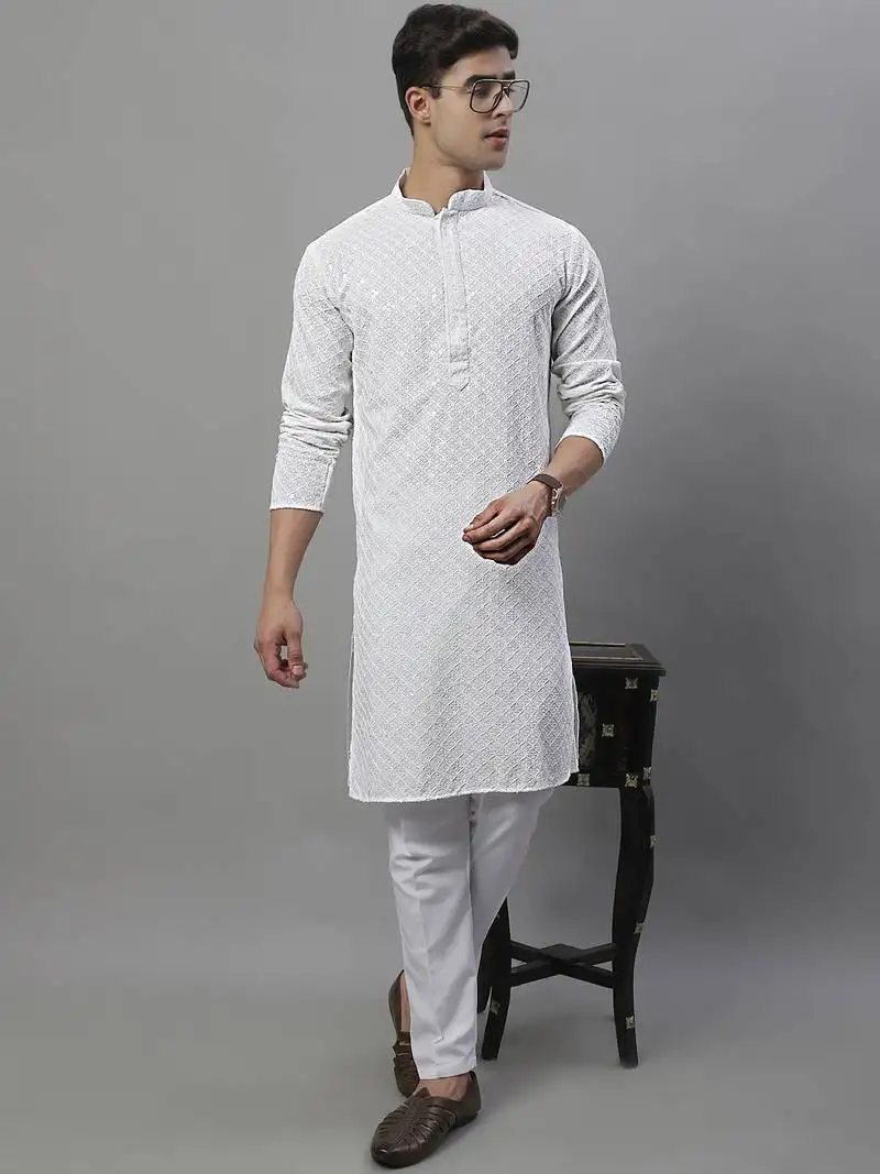 White chikankari embroidered and sequin kurta with pyjama
