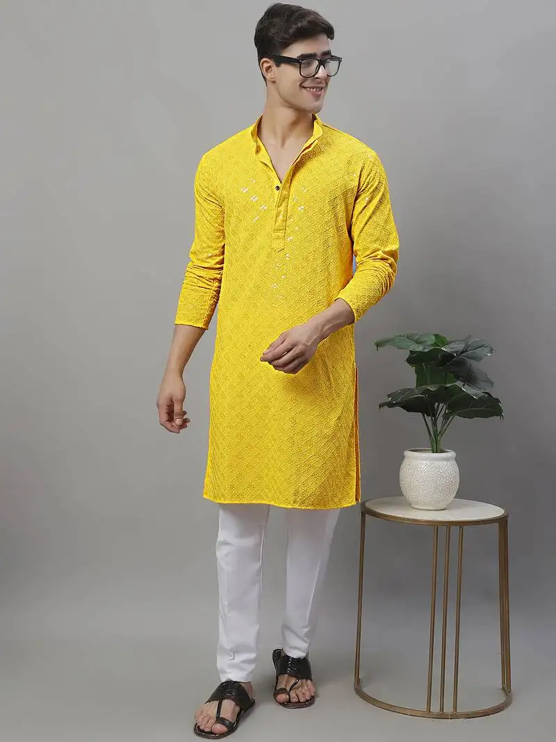 Yellow chikankari embroidered and sequin kurta with pyjama