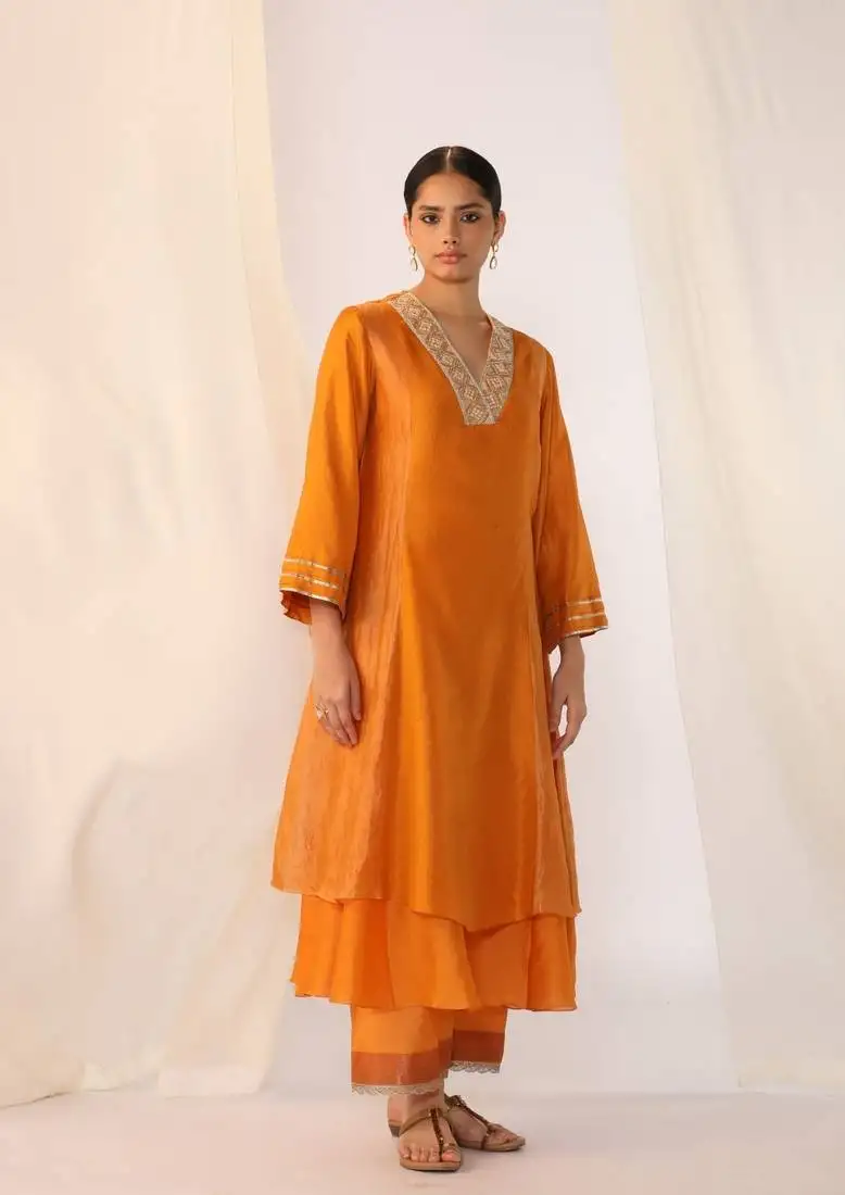 Saffron embroidered chanderi kurta sets