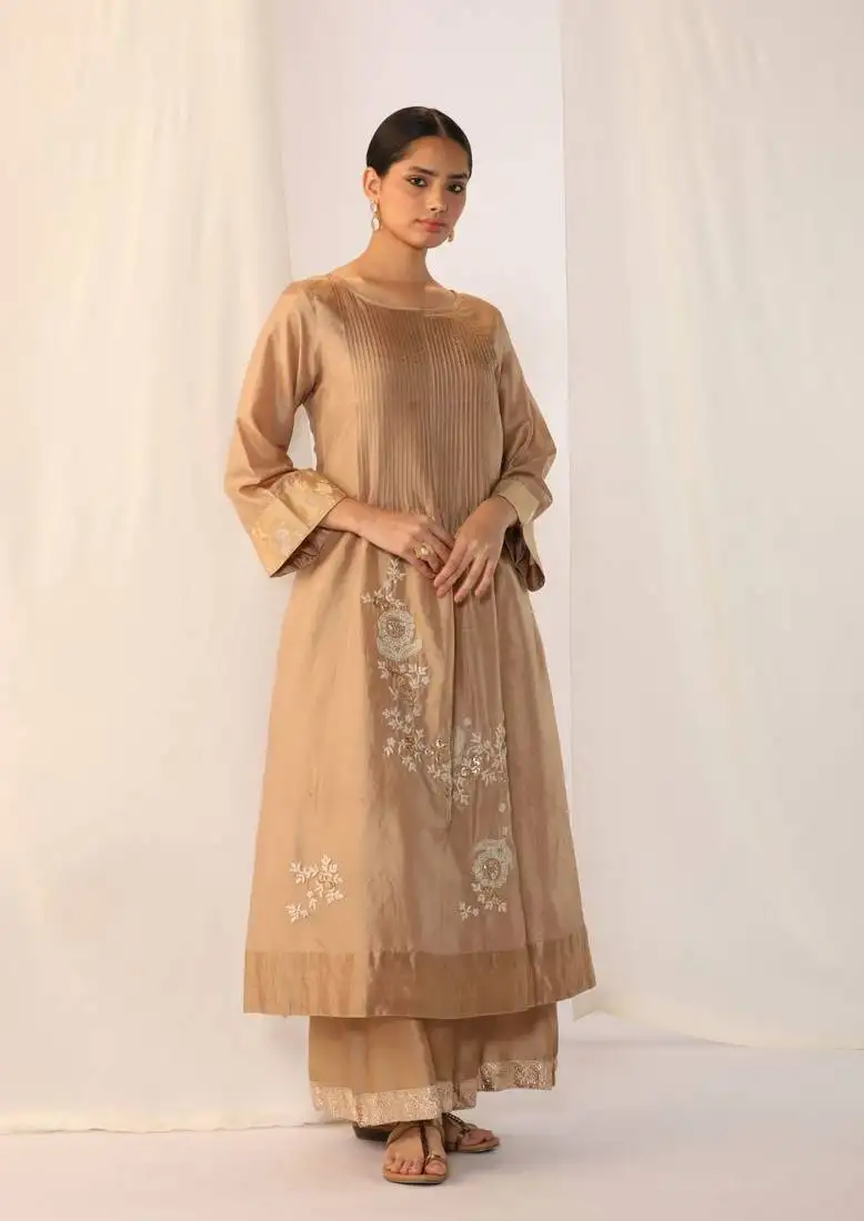 Champagne embroidered silk kurta sets