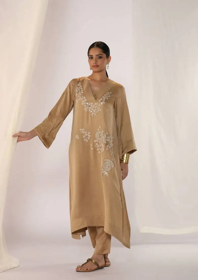 Champagne embroidered linen kurta sets