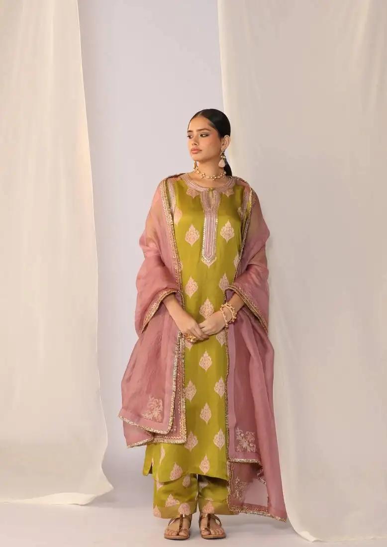 Light green embroidered satin kurta sets