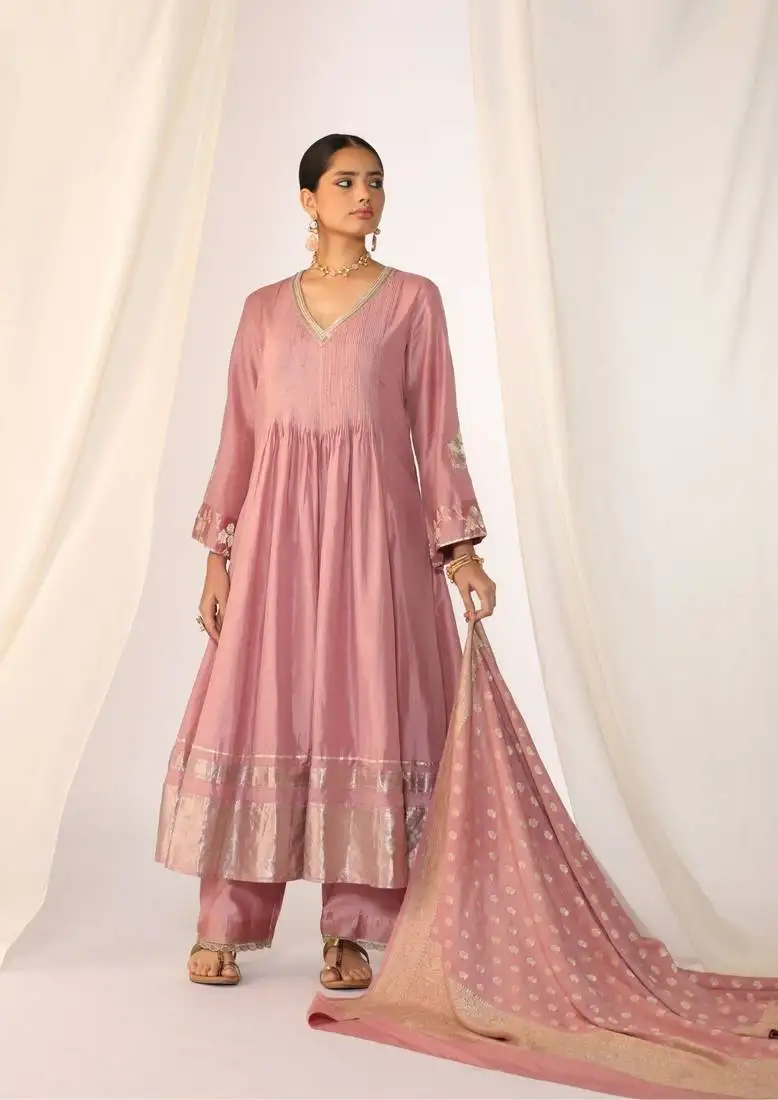 Baby pink woven silk kurta sets