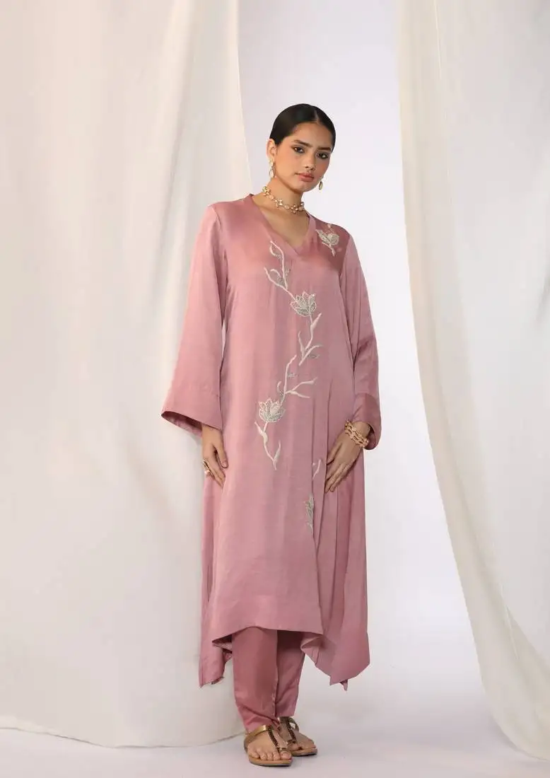 Baby pink embroidered linen kurta sets