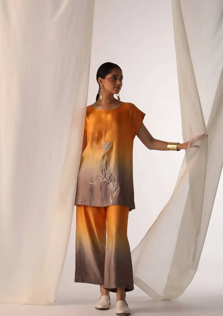 Saffron embroidered sequins work linen co ord sets