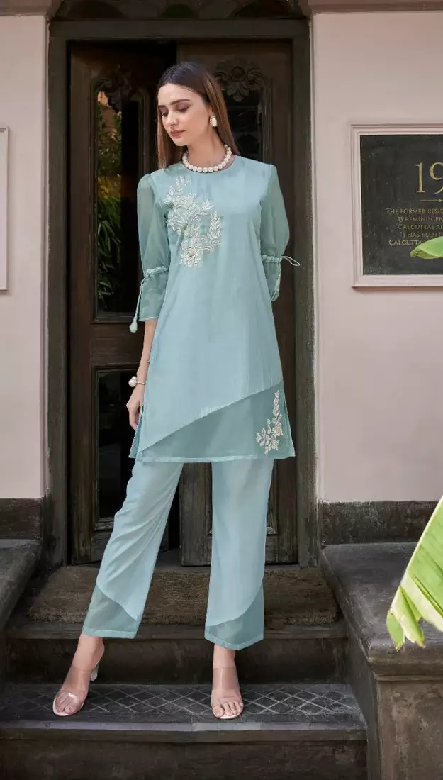 Blue embroidered viscose rayon tulip sky co ord sets