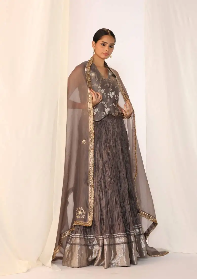 Grey embroidered gota patti silk fusion wear