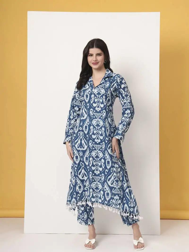 Blue ikat pure cotton high low cord set