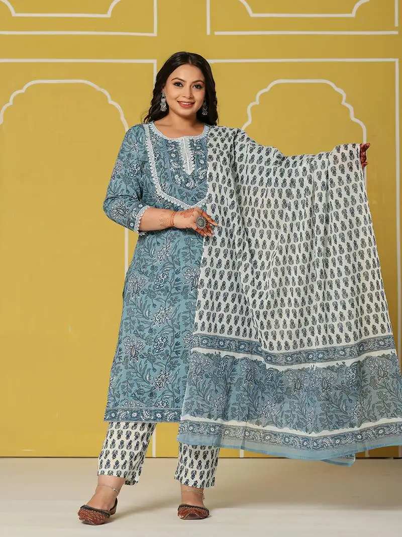 Green cotton straight plus size kurta set