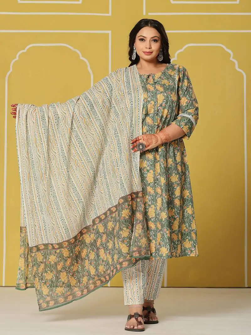 Green cotton a-line plus size kurta set