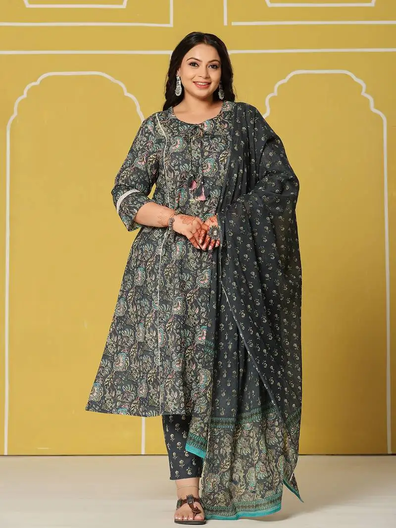 Navy blue cotton a-line plus size kurta set