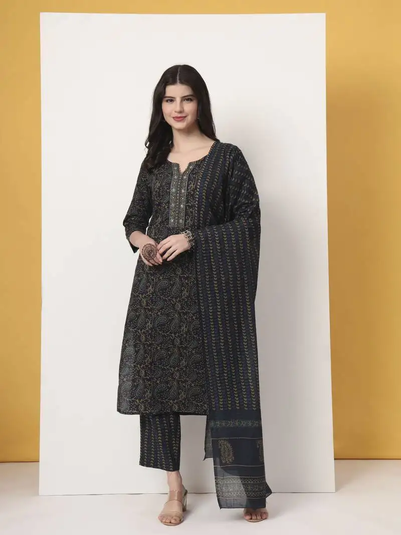 Navy blue pure cotton paisley print kurta dupatta pant set