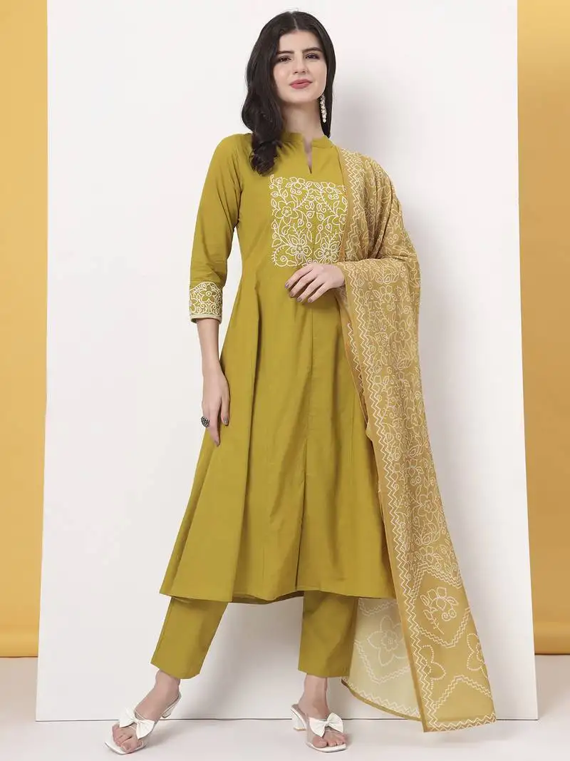 Mustard pure cotton kantha work a-line kurta dupatta pant set