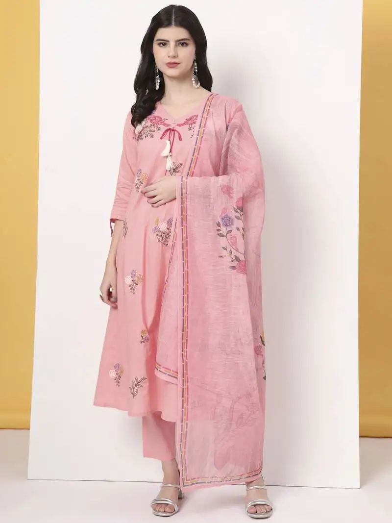 Pink pure cotton kantha work kurta dupatta pant set