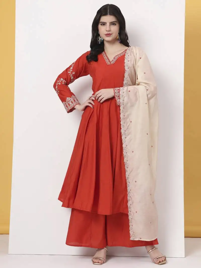Orange roman silk anarkali kurta dupatta plazo set