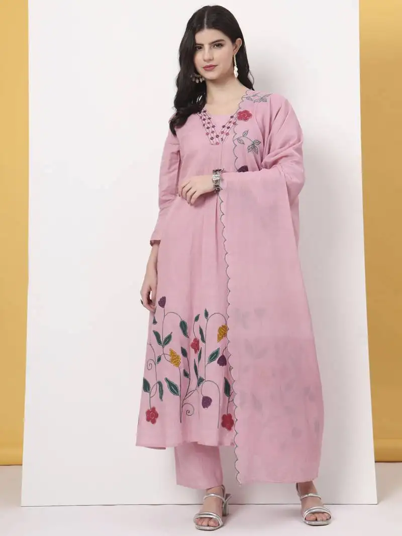 Pink pure cotton a-line thread work kurta dupatta set