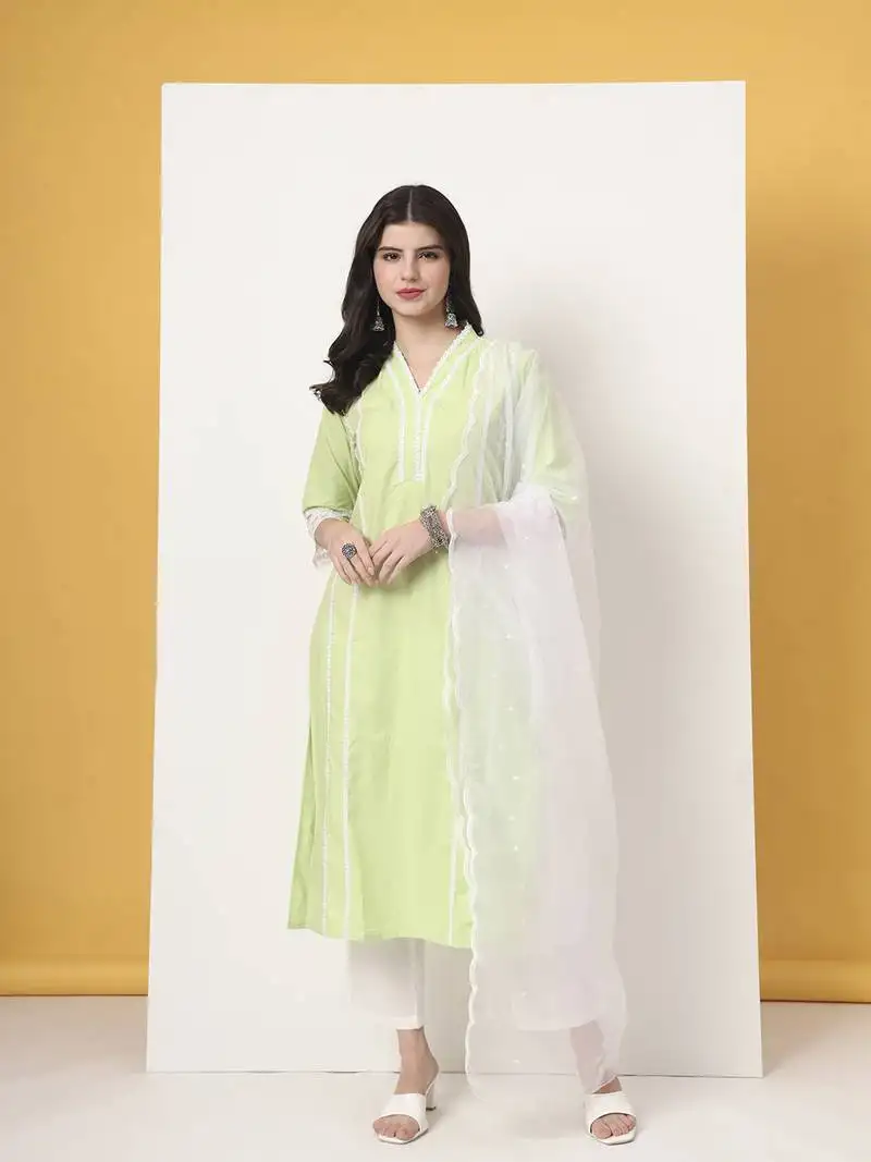 Premium cotton poplin green kurta dupatta pant set