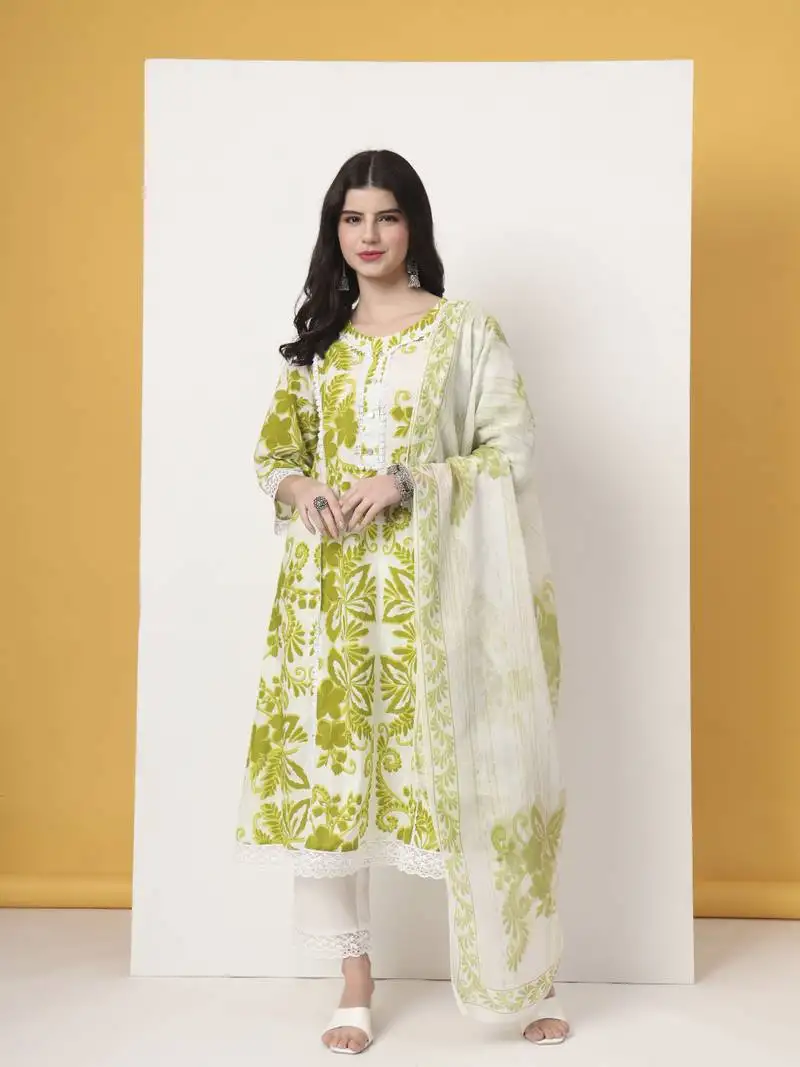 Green cotton a-line kurta dupatta pant set