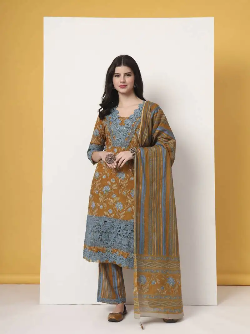 Pure cotton mustard kurta dupatta set with lace detailing