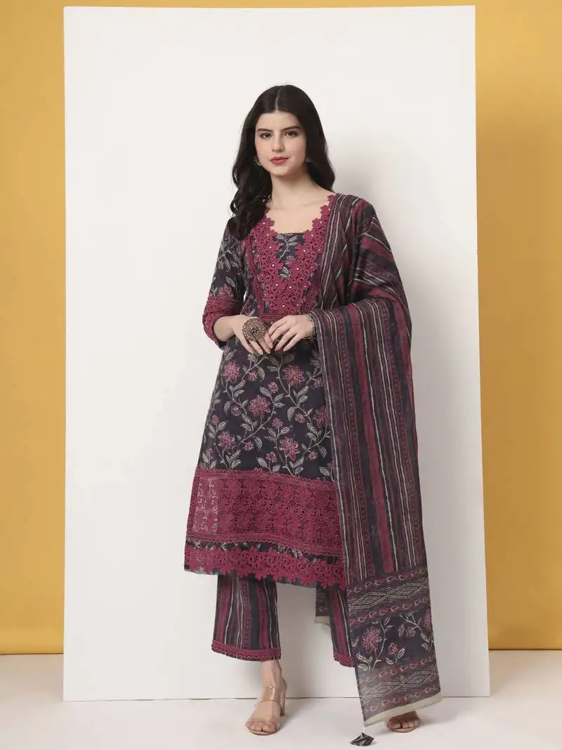 Cotton purple kurta dupatta set with lace detailing