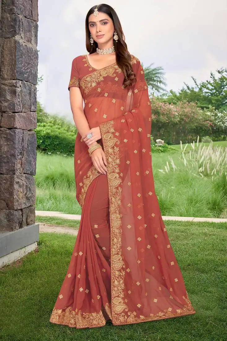 Rust embroidered border georgette saree with matching blouse piece