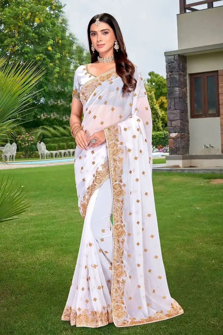 White embroidered border georgette saree with matching blouse piece