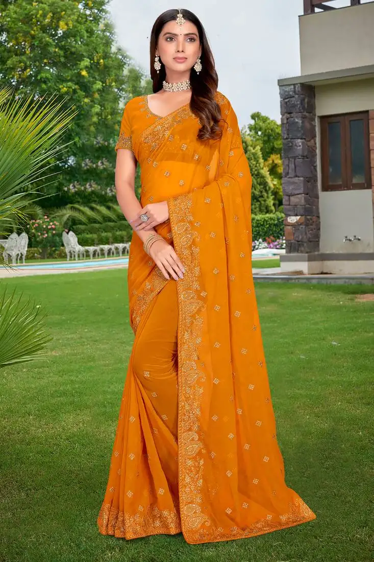 Mustard embroidered border georgette saree with matching blouse piece