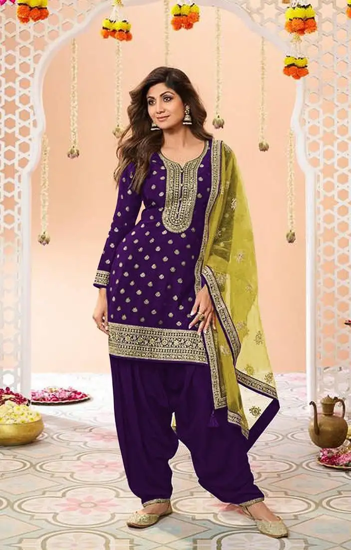 Purple embroidered viscose punjabi salwar suit semi stitched