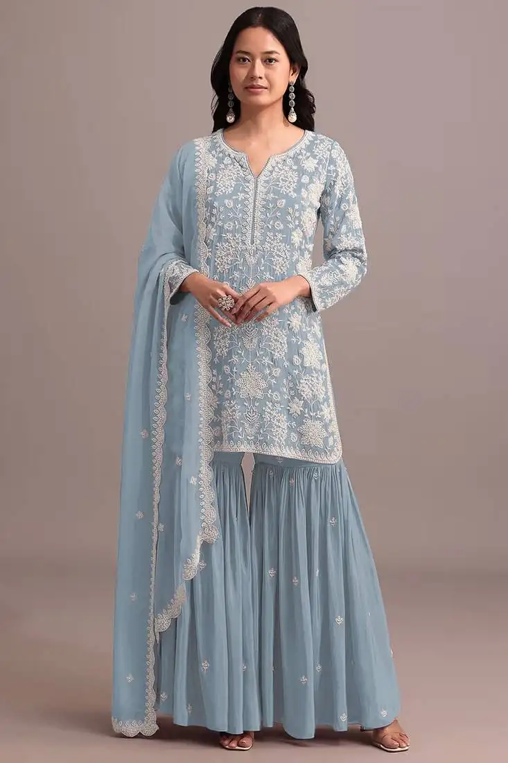 Sky blue embroidered faux georgette semi stitched sharara suit