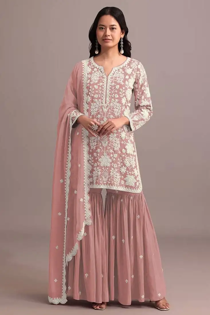 Peach embroidered faux georgette semi stitched sharara suit