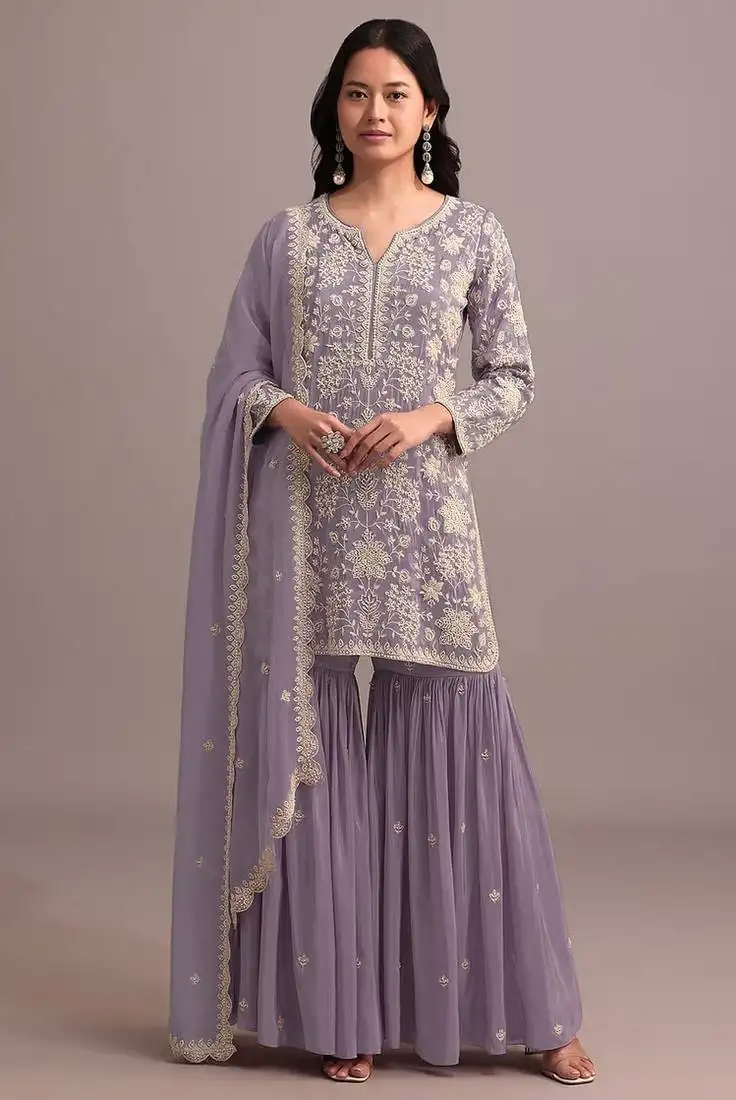 Purple embroidered faux georgette semi stitched sharara suit