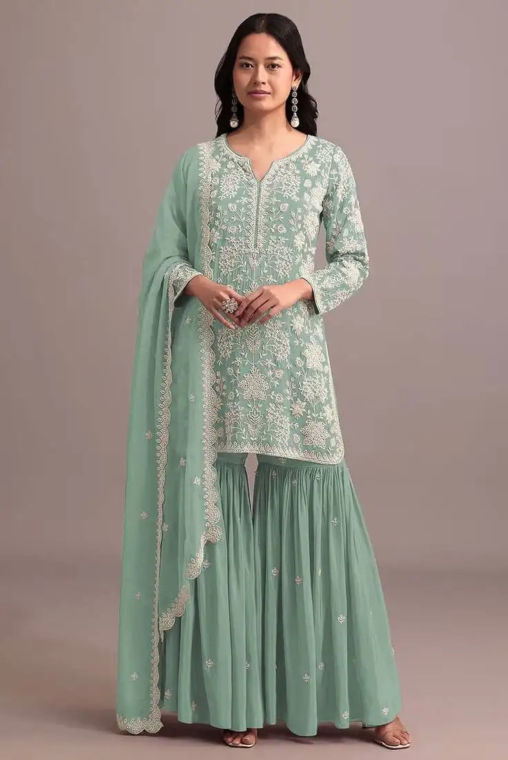 Green embroidered faux georgette semi stitched sharara suit