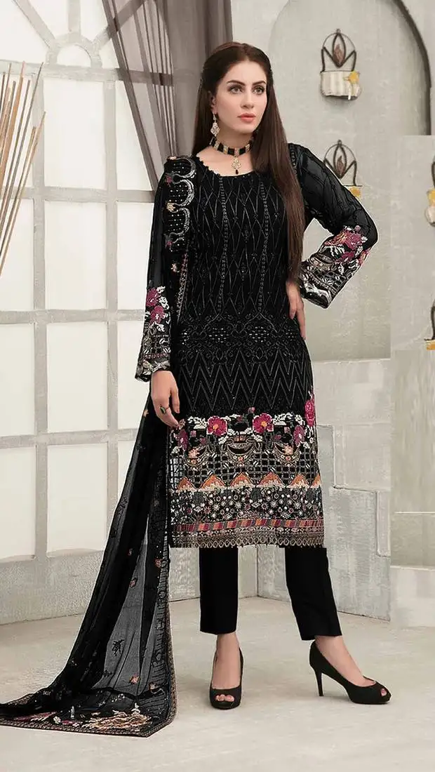 Black embroidered faux georgette semi stitched sharara suit