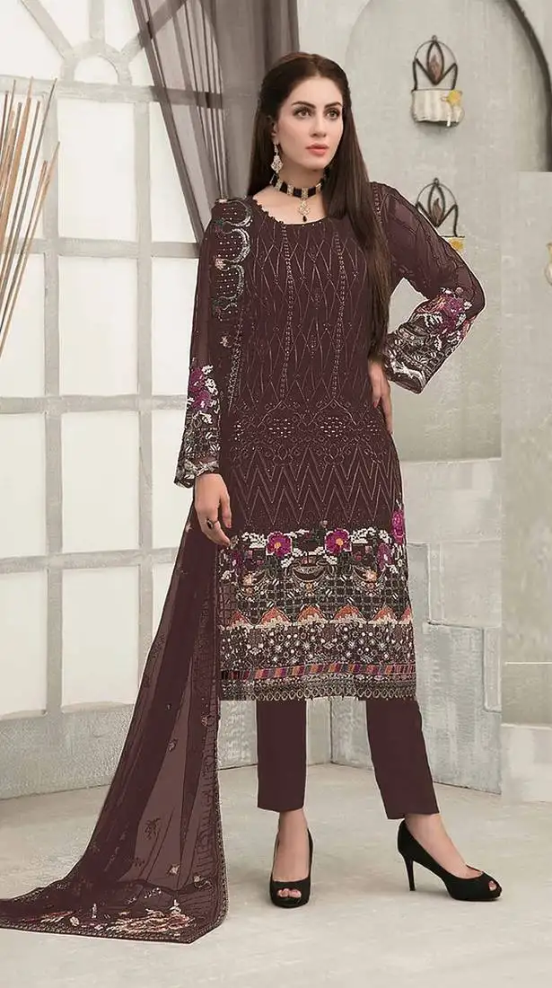 Coffee embroidered faux georgette semi stitched sharara suit