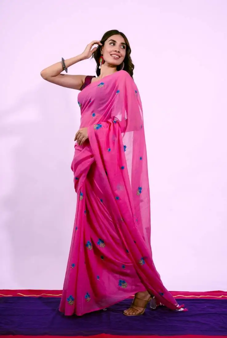 Rose blush mul mul cotton solid saree