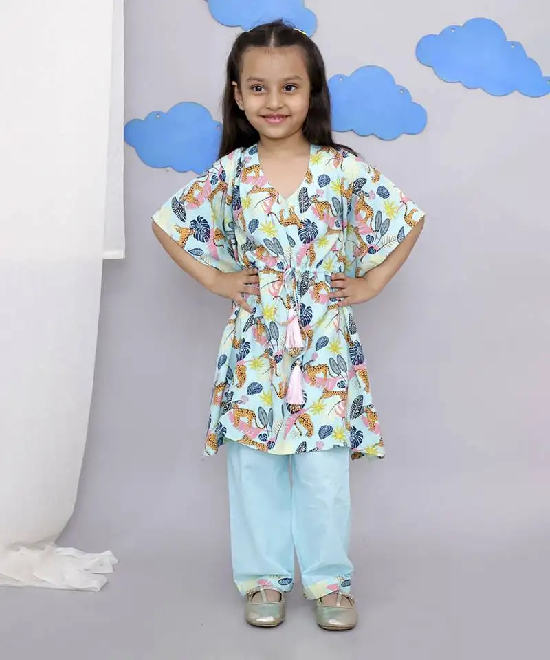 Blue tiger print kaftan kurta set
