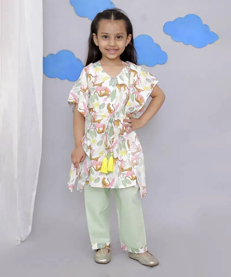 White tiger print kaftan kurta set