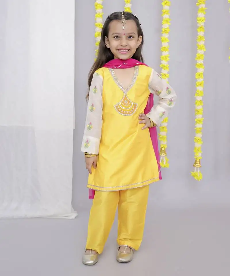 Mustard white chanderi emb kurta set