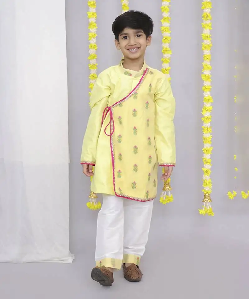 Yellow chanderi boy angrakha with pyjama