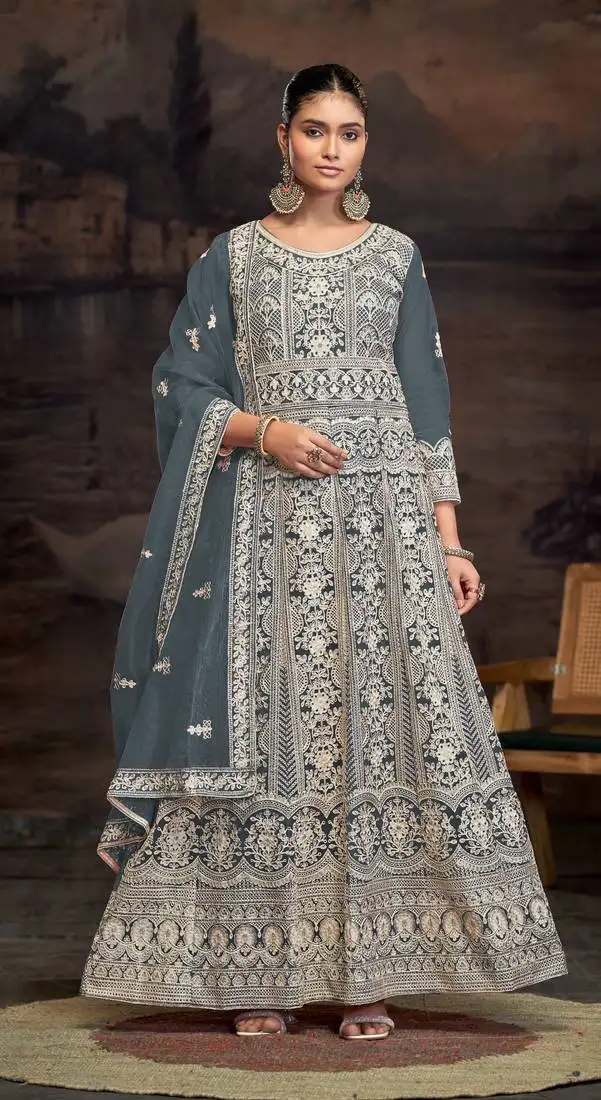 Aqua blue embroidered net semi-anarkali suit semi stitched