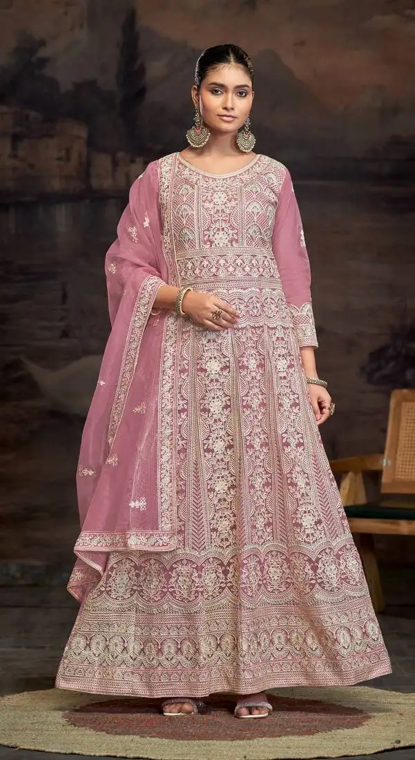Pink embroidered net semi-anarkali suit semi stitched