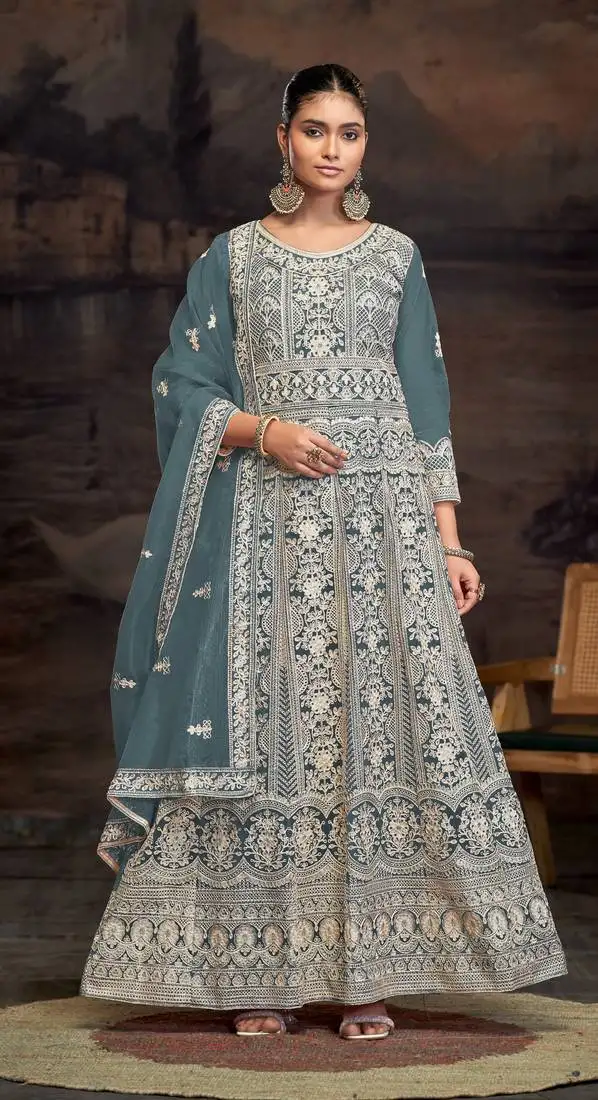 Sky blue embroidered net semi-anarkali suit semi stitched