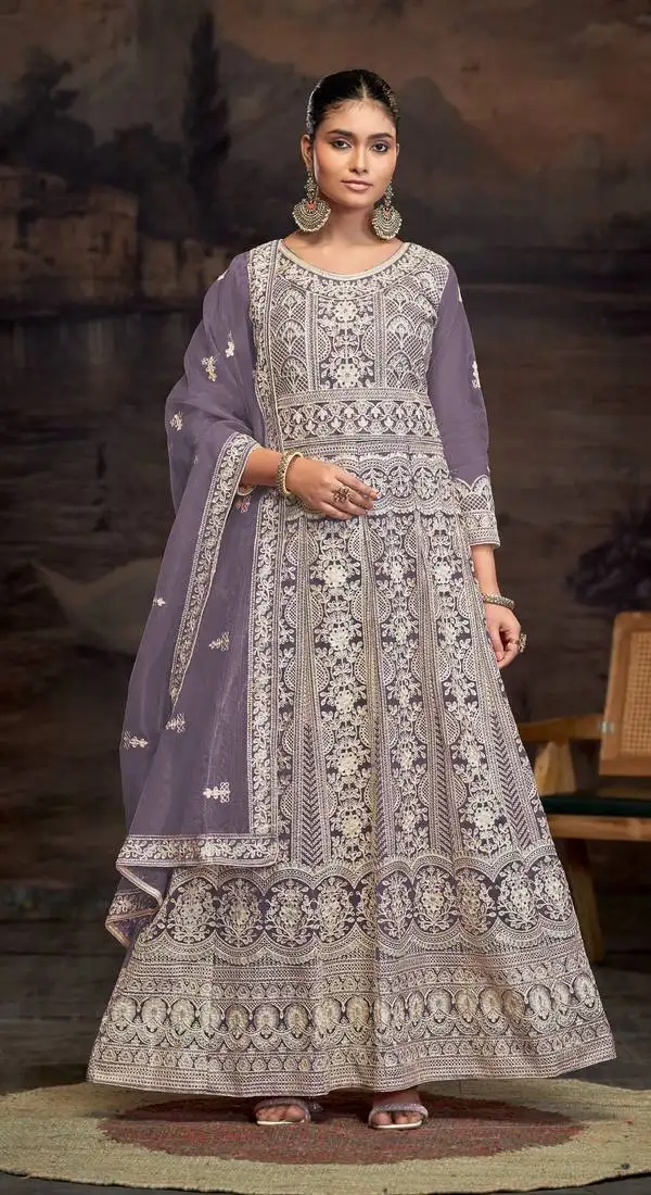 Purple embroidered net semi-anarkali suit semi stitched