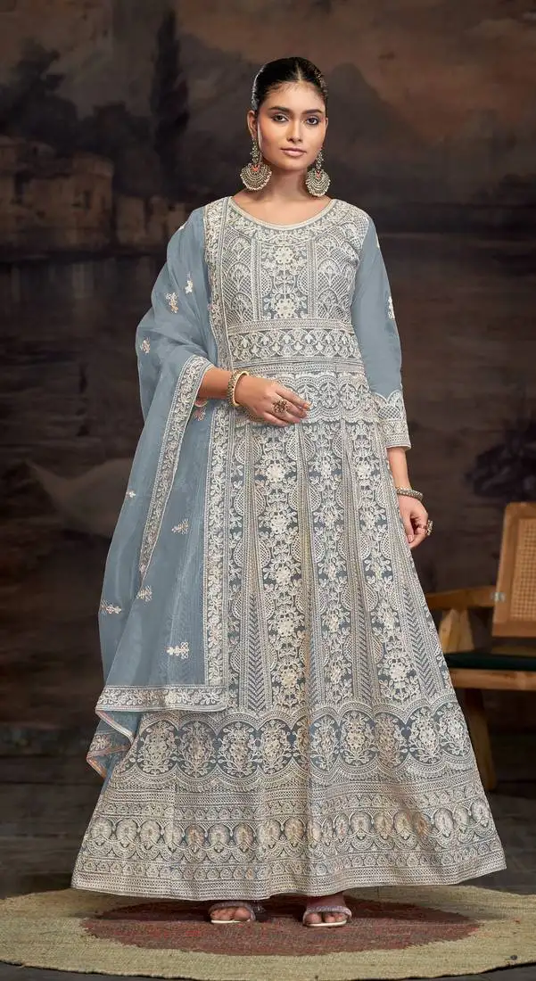 Grey embroidered net semi-anarkali suit semi stitched