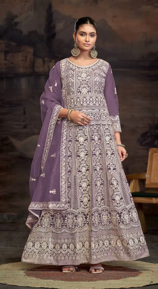 Lavandar embroidered net semi-anarkali suit semi stitched