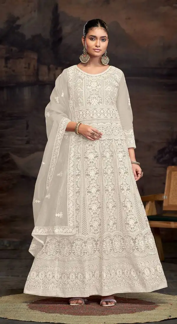 Cream embroidered net semi-anarkali suit semi stitched