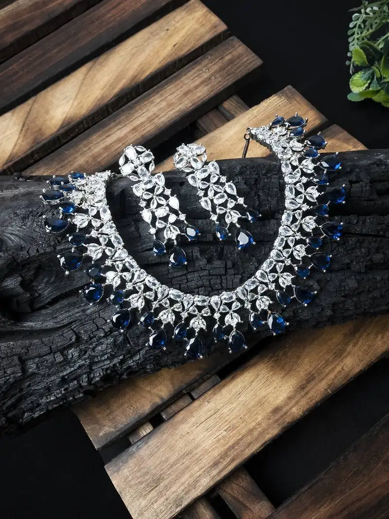 Silver plated blue cz collar necklace set